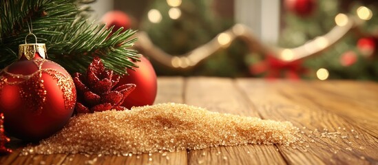 Aufkleber - Festive Christmas backdrop featuring gleaming brown sugar, ornaments, and greenery on a wooden surface with copy space for holiday themes