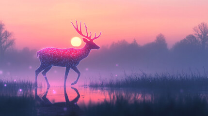 Wall Mural - A deer with glowing geometric patterns in lavender and jade, walking gracefully through a misty meadow at sunrise, with its reflection on the dew-covered grass. 