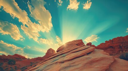 Aufkleber - Majestic rock formation under a vibrant yellow sky with rays of sunlight creating a stunning natural landscape scene.
