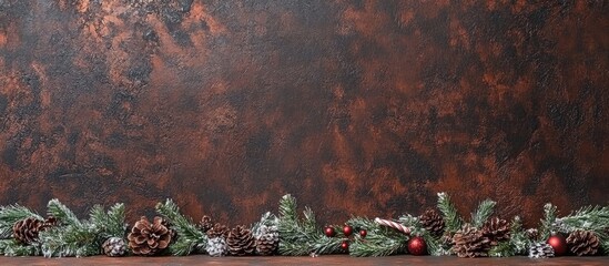 Poster - Rustic Christmas holiday backdrop with pinecones and greenery ideal for creative text overlays and seasonal promotions