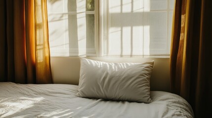 Poster - serene bedroom scene with white pillow on bed illuminated by soft sunlight through window curtains