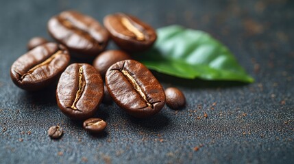 Aufkleber - Close up of roasted coffee beans with green leaf on textured dark background showcasing freshness and quality of coffee products