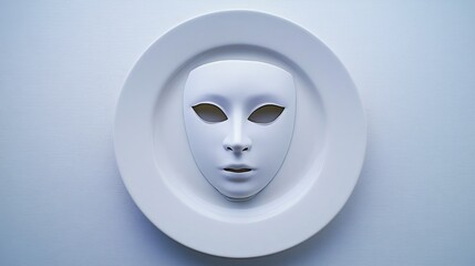 Poster - white mask placed elegantly on a white plate creating a minimalist aesthetic against a pristine whit