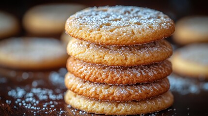 Poster - Artisan cookies arranged in a neat stack dusted with powdered sugar on a dark wooden background for a rustic dessert presentation.