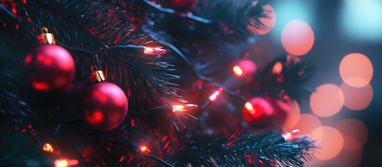 Aufkleber - Colorful blurred Christmas lights with red ornaments on a tree creating a festive evening atmosphere in a cozy setting