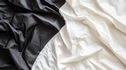 Poster - Textured black and white wrinkled paper background, featuring contrasting shades and creased patterns, ideal for design, art projects, textures, backgrounds, minimalistic.