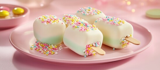 Poster - Cakesicles decorated with colorful sprinkles displayed on a pastel plate for a festive celebration.