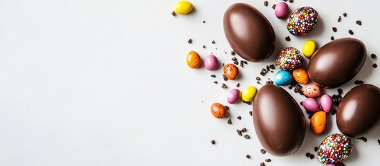 Aufkleber - Chocolate Easter eggs surrounded by colorful candy decorations on a light background with ample copy space for text or graphics.