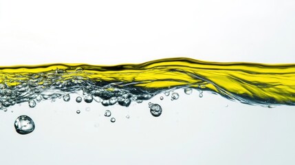 Poster - yellow dye dissolving in water creating vibrant patterns with bubbles on a white background showcasi