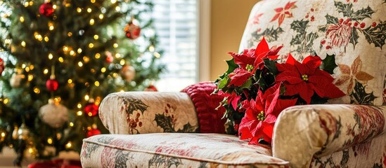 Aufkleber - Cozy Christmas living room scene with floral chair and decorated tree creating a festive and inviting holiday atmosphere