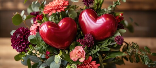 Aufkleber - Romantic flower bouquet with two red hearts arranged beautifully on a rustic wooden table showcasing vibrant colors and natural textures