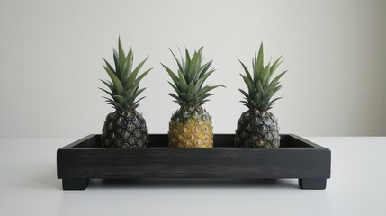 Poster - two small pineapples and one fruit arranged on a dark wooden tray with a minimalist white background
