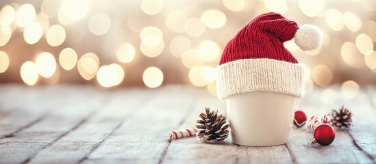 Aufkleber - Christmas cup with knitted hat and festive decorations on wooden surface with blurred bokeh lights in the background