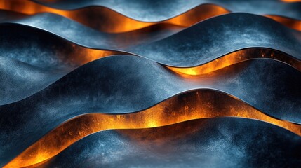 Poster - Abstract metallic waves with glowing orange highlights creating a dynamic textured background for design and creative projects.
