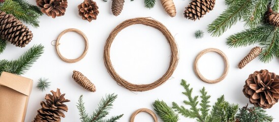 Poster - Christmas flat lay with pine cones branches tree rings and eco-friendly gifts on white background showcasing zero waste decor ideas