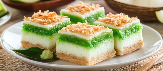 Poster - Coconut Cake with Pandan Leaves and Toasted Coconut Topping on a White Plate