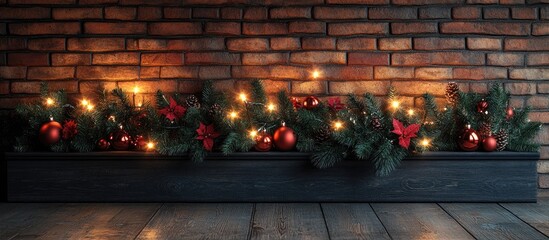 Aufkleber - Cozy Christmas home decor with glowing lights and festive greenery against a rustic wooden and brick background decoration scene