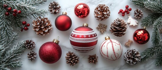 Poster - Christmas Decor Overhead View of Red Baubles Pinecones and Greenery on White Marble Table Festive Seasonal Background