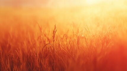 Poster - Close up of golden rice field with warm sunlight creating a serene atmosphere showcasing nature's beauty and agricultural richness