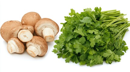 Aufkleber - Champignon mushrooms with fresh parsley arranged on a clean white background for culinary and food presentation concepts.
