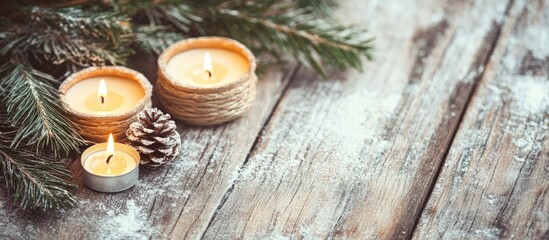 Aufkleber - Christmas candles on rustic wooden background with fir branches and pine cone creating a festive atmosphere ideal for holiday themes