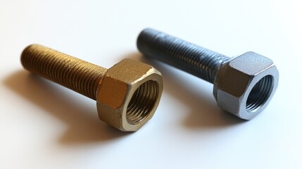 Poster - Close up of two metallic bolts one gold and one silver with hexagonal heads on a white background showcasing their distinct colors and textures