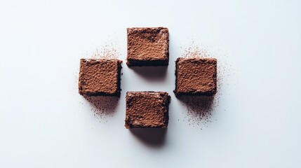 Poster - Chocolate Brownies Arranged Neatly with Cocoa Powder on White Background for Dessert or Bakery Concept