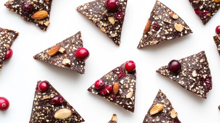 Poster - Crispy baked snacks with cranberries nuts and seeds creatively arranged on a clean white background for healthy eating concept