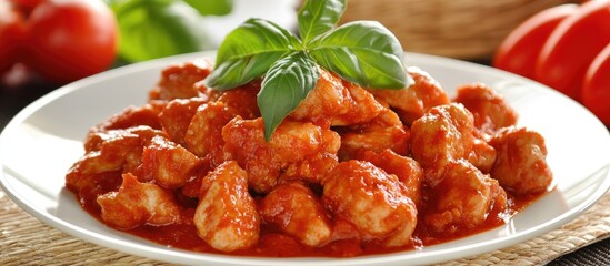 Aufkleber - Chicken pieces in rich red tomato sauce garnished with fresh basil showcasing vibrant Thai cuisine flavors on a white plate.