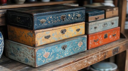 Poster - Vintage decorative boxes stored on a rustic wooden shelf showcasing intricate designs and craftsmanship in a cozy interior setting