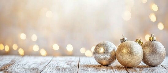 Poster - Elegant Christmas background with silver ornaments and soft bokeh lights creating a festive atmosphere for seasonal celebrations.