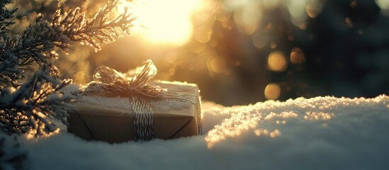 Poster - Christmas present wrapped beautifully resting on snow with a sunset backdrop and sparkling bokeh lights creating a magical winter atmosphere