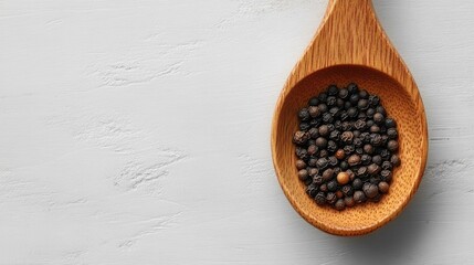 Poster - Black peppercorns in a wooden spoon on a light background showcasing spice natural beauty and cooking ingredient versatility