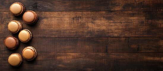 Poster - Macaron desserts arranged on a wooden background with empty space for text or branding in overhead flat lay composition.