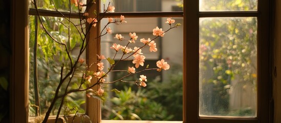 Poster - Serene home interior with blooming branches framed by a cozy window showcasing a tranquil garden view through soft bokeh effects.