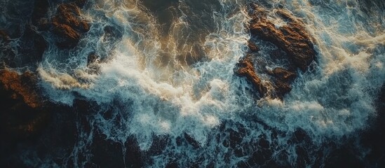 Aufkleber - Aerial view of ocean waves crashing on rocky cliffs creating intricate patterns in foam and water against a dark textured background