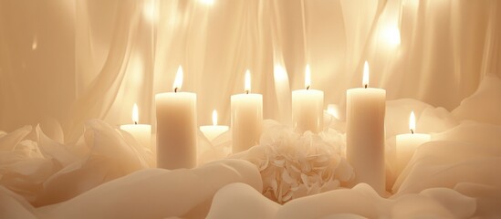 Aufkleber - Elegant arrangement of white candles surrounded by soft fabric and floral decor for a romantic wedding ceremony ambiance