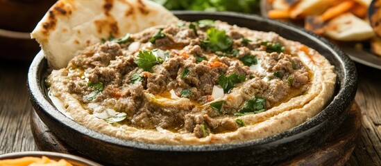 Aufkleber - Hummus topped with minced pork and fresh herbs served with pita bread on a rustic wooden table