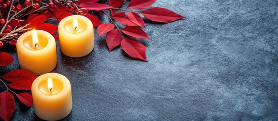 Aufkleber - Christmas frame with glowing candles and red foliage on dark textured background for festive seasonal decorations or greeting cards.
