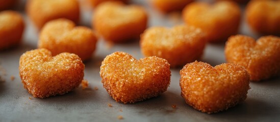 Poster - Heart-shaped golden nuggets arranged on baking paper, creating a delightful and appetizing visual on a white background.