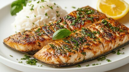 Aufkleber - Canned fish garnished with fresh basil served with fluffy rice and lemon on a white plate against a clean white background