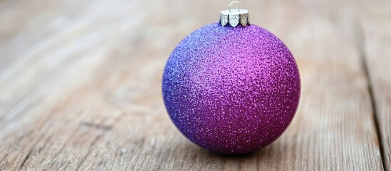 Poster - Blue and violet glitter Christmas ornament on a rustic wooden surface creating a festive holiday atmosphere