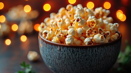 Poster - Delicious bowl of popcorn with warm bokeh background creating an inviting and appetizing atmosphere for snack lovers