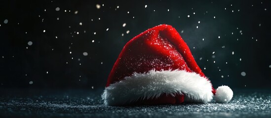 Poster - Christmas decorations arranged in a Santa hat creating a festive atmosphere with a dark background and snowy effects