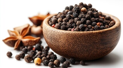 Poster - Closeup of black peppercorns in a wooden bowl with spices and herbs on a light background showcasing culinary ingredients and flavors.