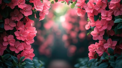 Poster - Bougainvillea blossoms in vibrant pink framing a lush green foliage backdrop creating a serene garden pathway atmosphere