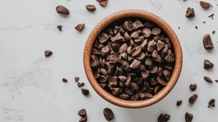 Aufkleber - Bowl of raw chocolate chips on a light marble background surrounded by scattered pieces viewed from above