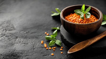 Poster - Organic raw lentils in a wooden bowl surrounded by fresh basil leaves on a dark textured background for healthy food concepts