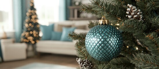 Poster - Close-up of decorative Christmas ornament on a beautifully decorated tree with cozy living room setting in the background