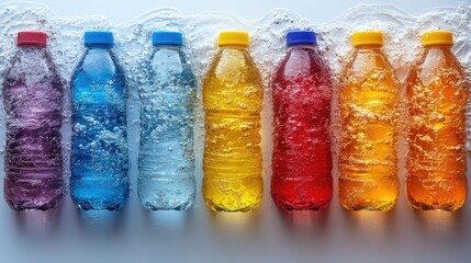Aufkleber - Vibrant colored water bottles splashing in liquid against a white background creating a refreshing and energetic visual effect.